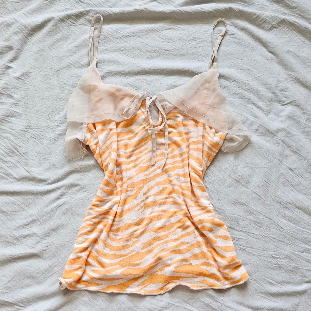 FREE PEOPLE Vintage Intimately Cami Tank Top Orange Zebra Lace Ruffle Sleep Top